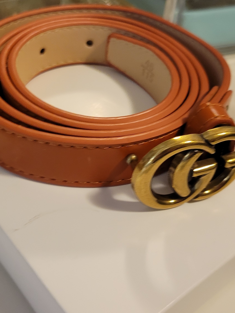 Tan Leather Woman's Belt with Double G Gold Buckle